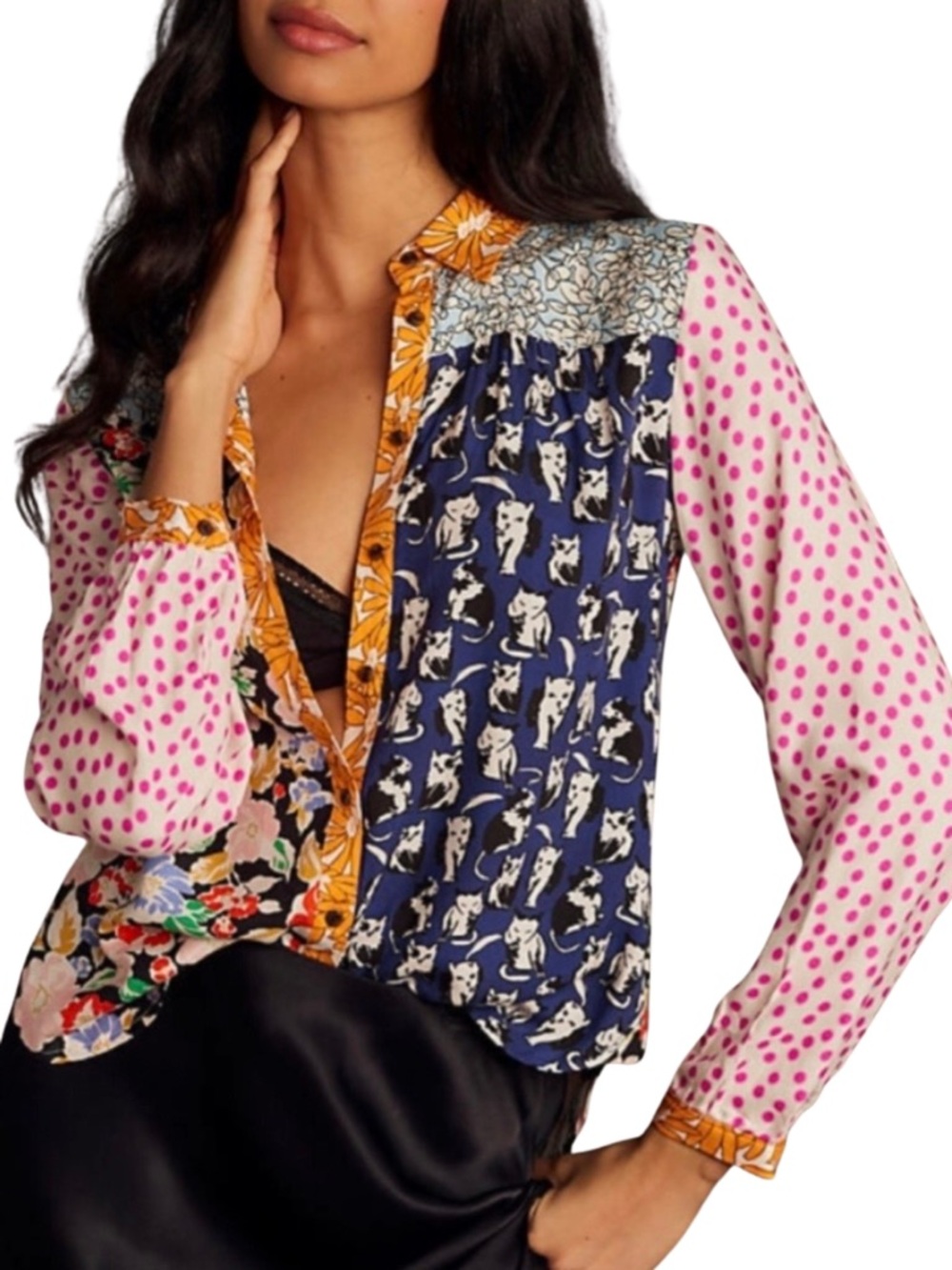 Maeve Anthropologie Paz Mixed Print Button Down Blouse Floral Cat Polka Dot L